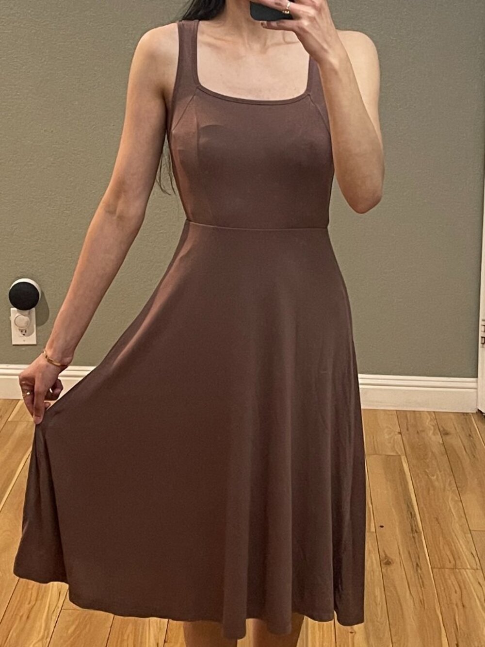 SHEIN Brown Fit & Flare Midi Dress Sleeveless Square Neck Stretch XS
